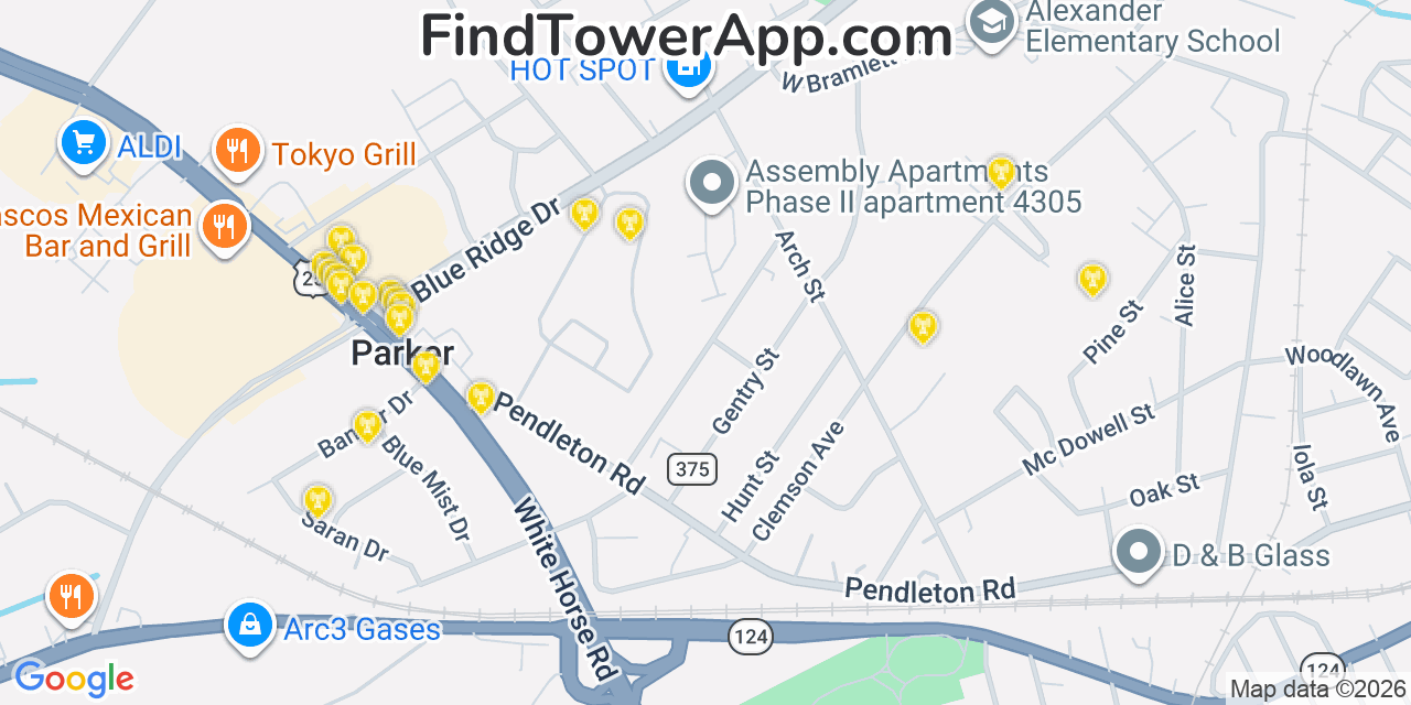 Map showing the 20 primary cell tower locations detected in Parker, South Carolina from AT&T, Verizon, and T-Mobile networks