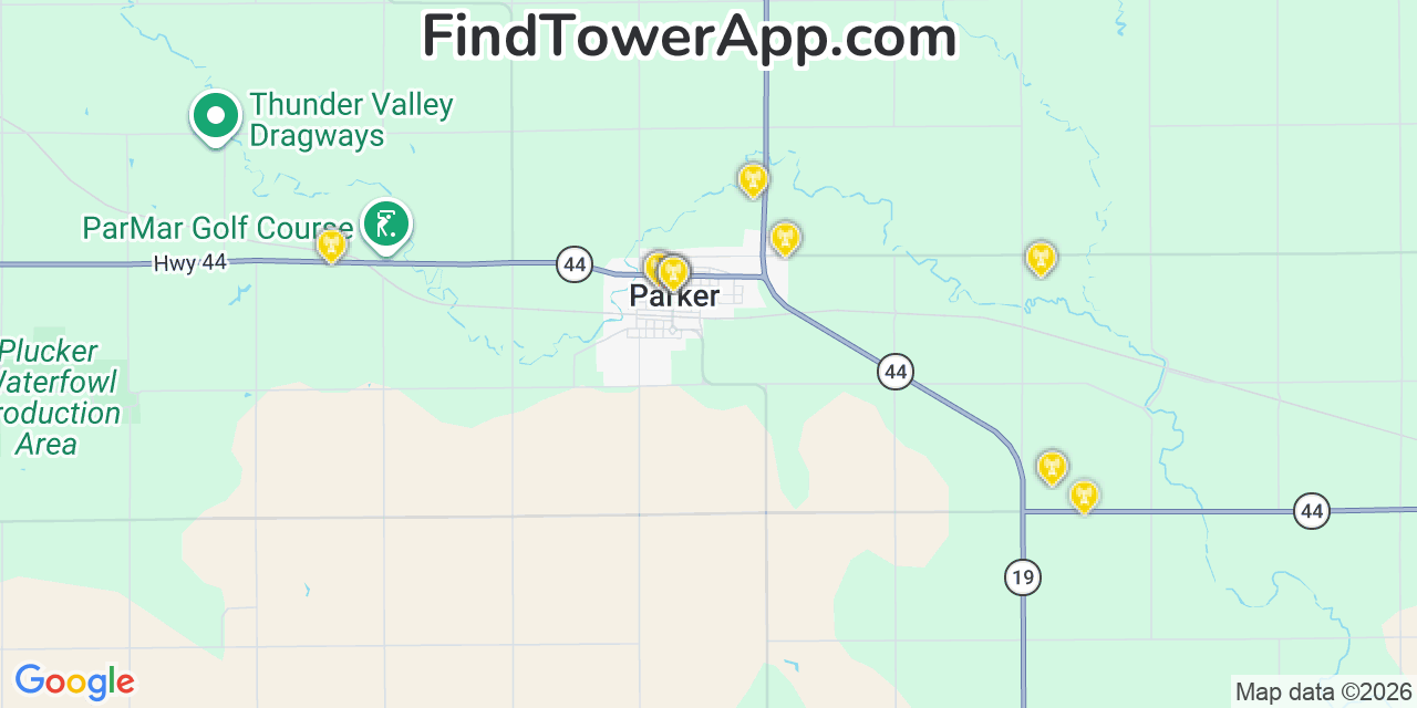 Map showing the 20 primary cell tower locations detected in Parker, South Dakota from AT&T, Verizon, and T-Mobile networks