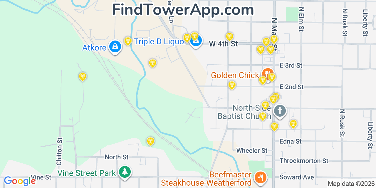 Map showing the 20 primary cell tower locations detected in Parker, Texas from AT&T, Verizon, and T-Mobile networks