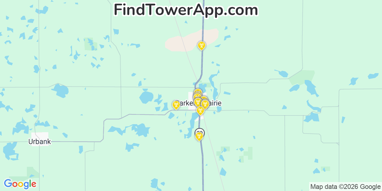 Map showing the 20 primary cell tower locations detected in Parkers Prairie, Minnesota from AT&T, Verizon, and T-Mobile networks