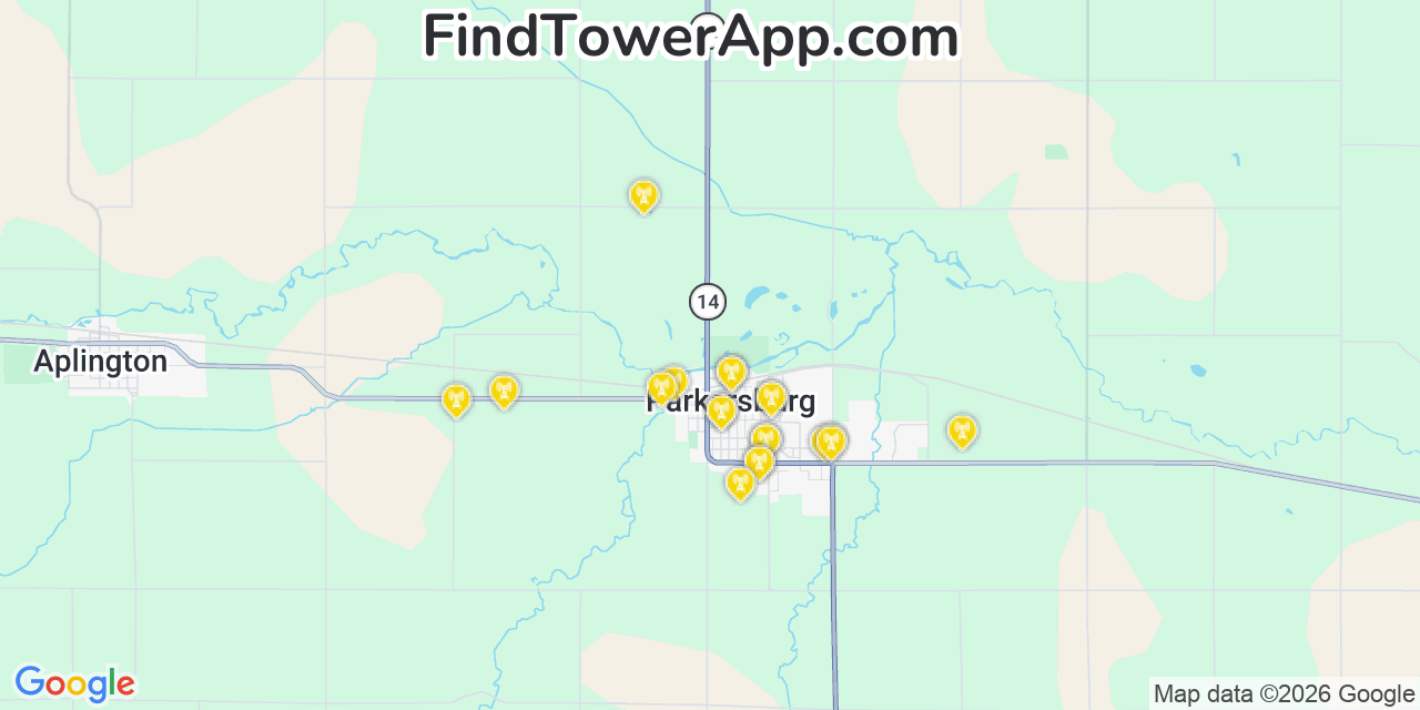 Map showing the 20 primary cell tower locations detected in Parkersburg, Iowa from AT&T, Verizon, and T-Mobile networks