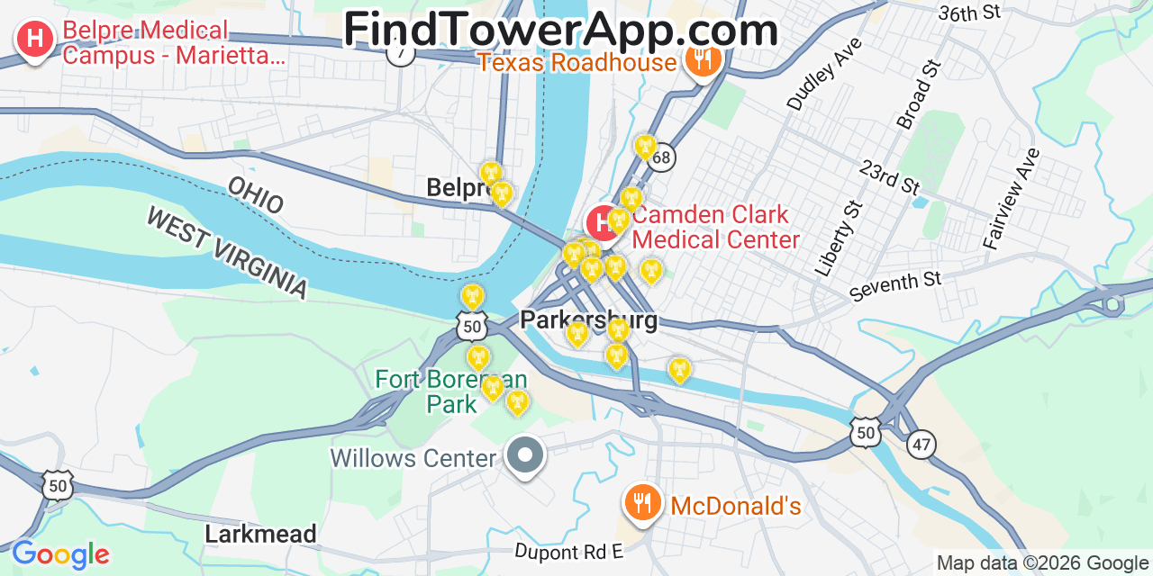 Map showing the 20 primary cell tower locations detected in Parkersburg, West Virginia from AT&T, Verizon, and T-Mobile networks