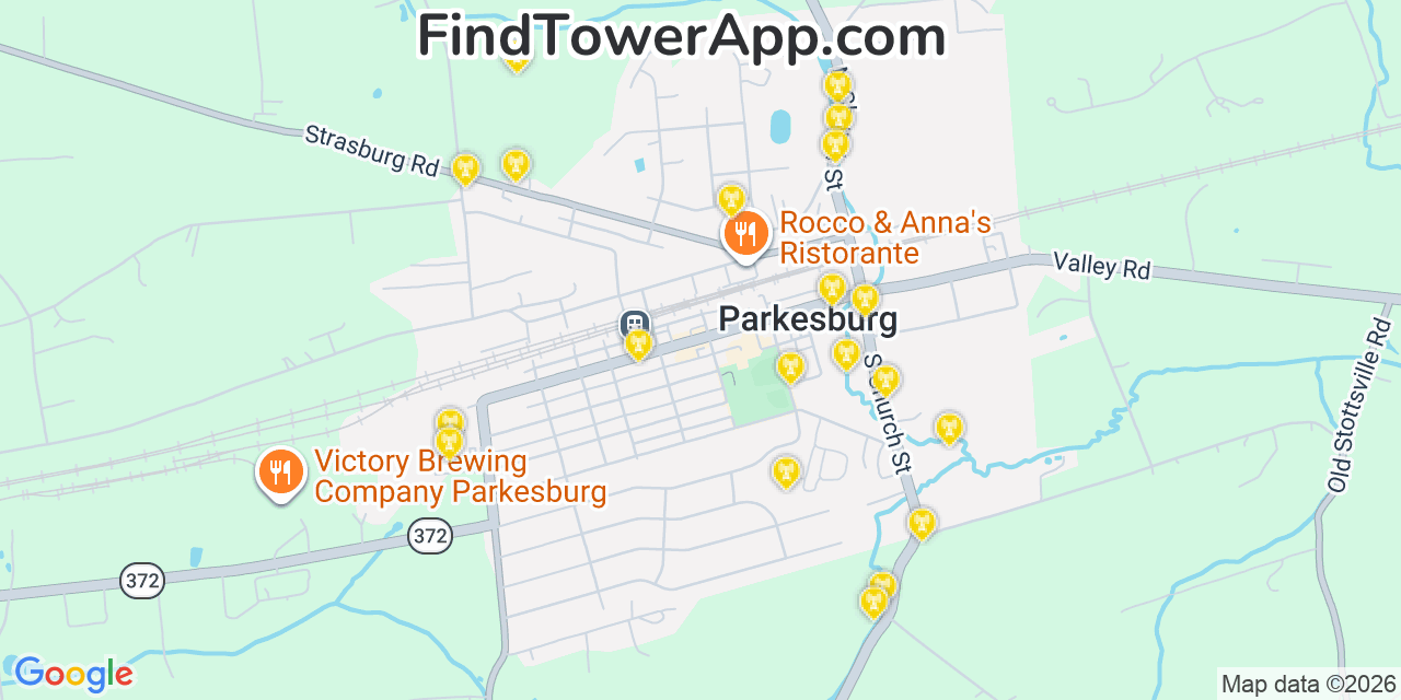 Map showing the 20 primary cell tower locations detected in Parkesburg, Pennsylvania from AT&T, Verizon, and T-Mobile networks