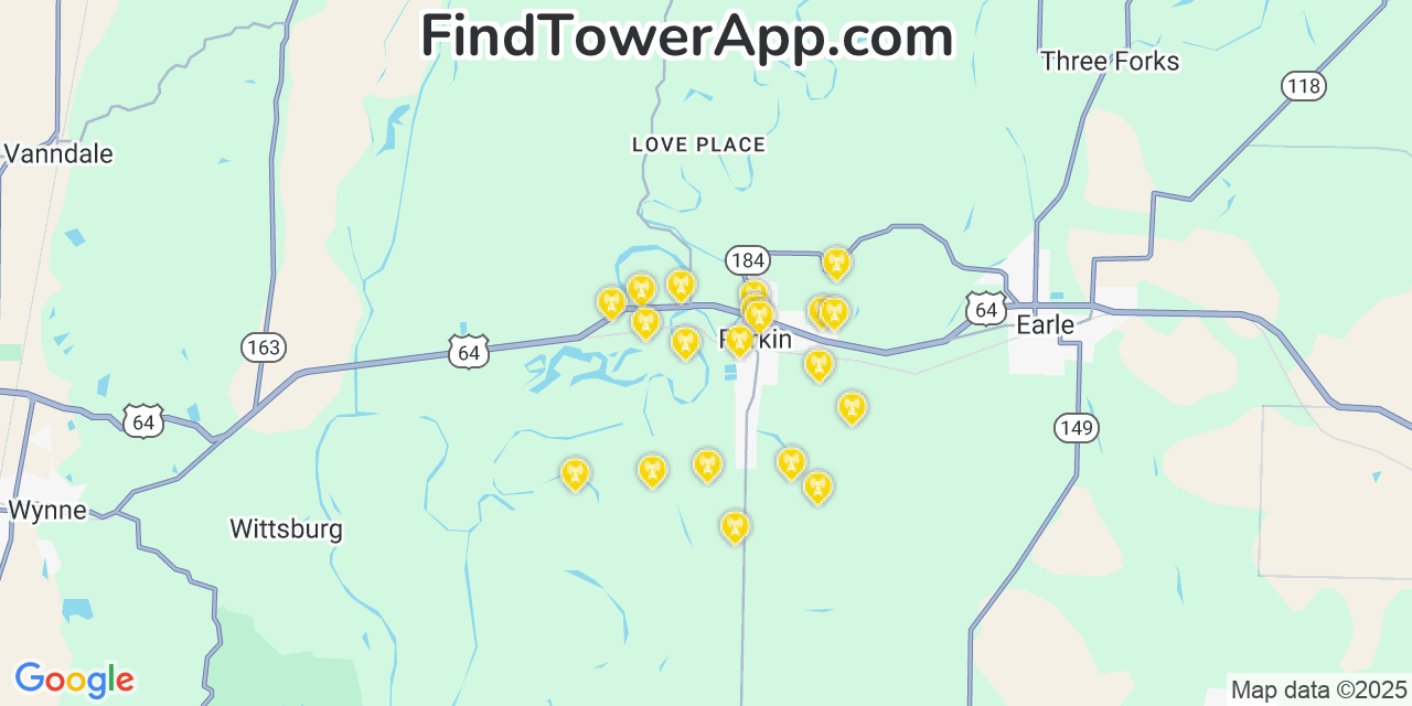Map showing the 20 primary cell tower locations detected in Parkin, Arkansas from AT&T, Verizon, and T-Mobile networks