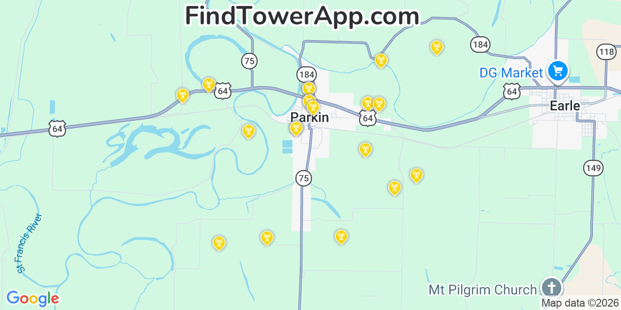Map showing the 20 primary cell tower locations detected in Parkin, Arkansas from AT&T, Verizon, and T-Mobile networks
