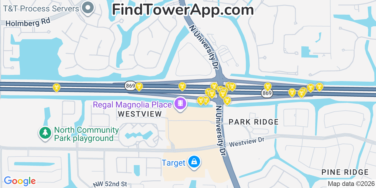 Map showing the 20 primary cell tower locations detected in Parkland, Florida from AT&T, Verizon, and T-Mobile networks