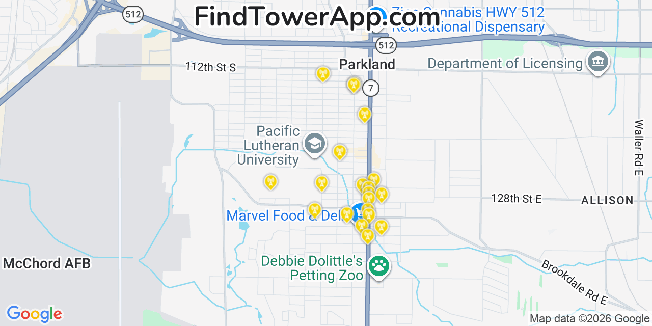 Map showing the 20 primary cell tower locations detected in Parkland, Washington from AT&T, Verizon, and T-Mobile networks