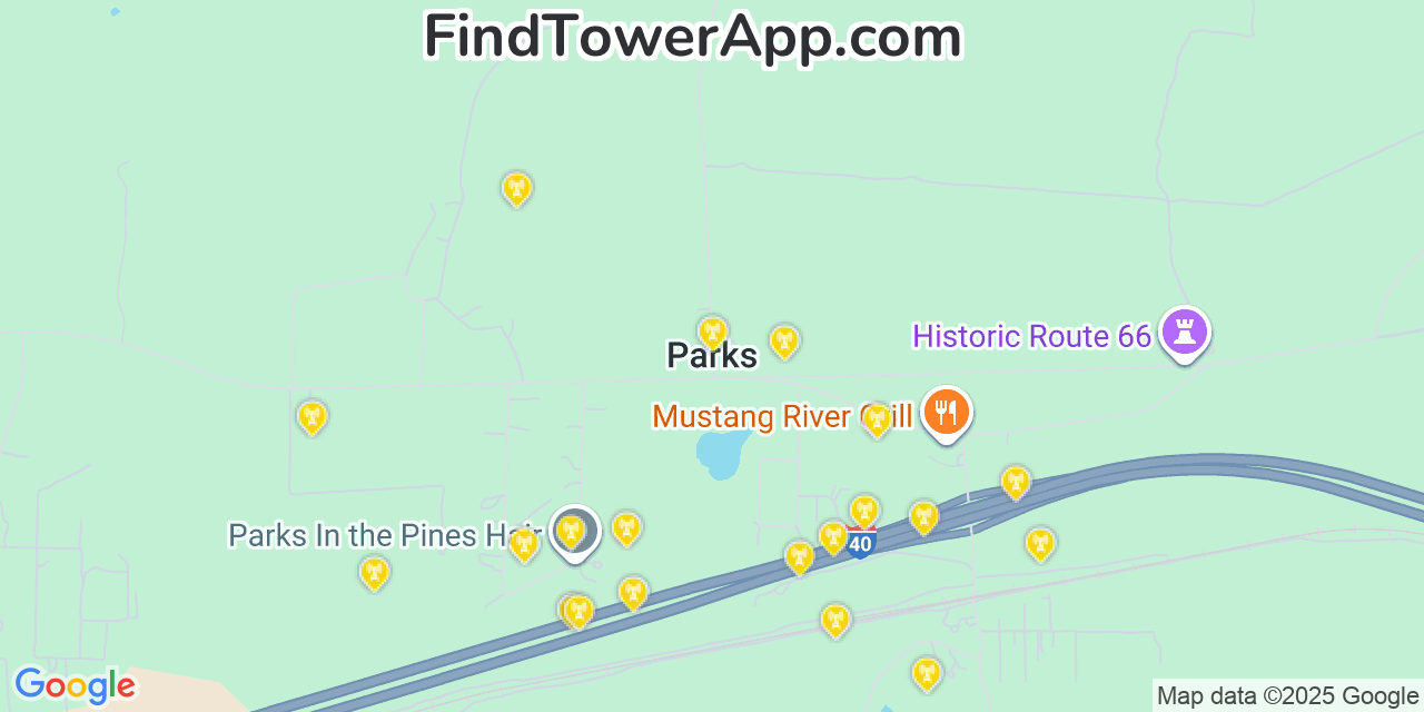 Map showing the 20 primary cell tower locations detected in Parks, Arizona from AT&T, Verizon, and T-Mobile networks