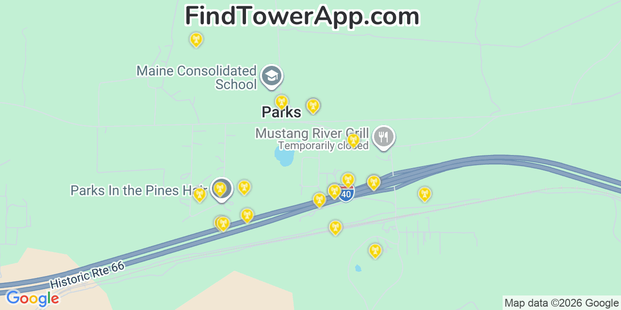 Map showing the 20 primary cell tower locations detected in Parks, Arizona from AT&T, Verizon, and T-Mobile networks