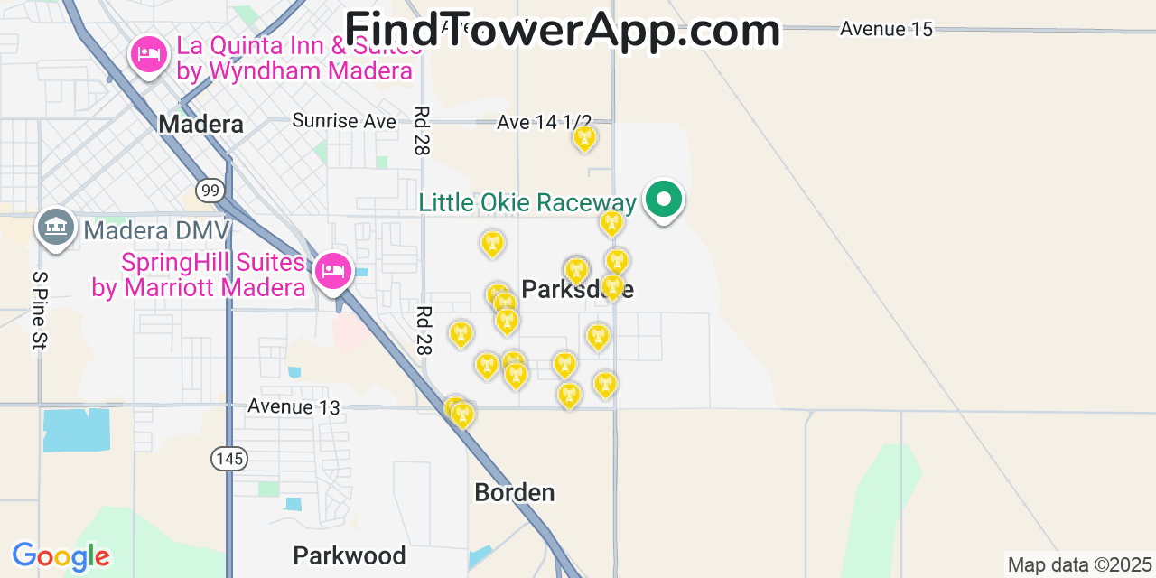 Map showing the 20 primary cell tower locations detected in Parksdale, California from AT&T, Verizon, and T-Mobile networks