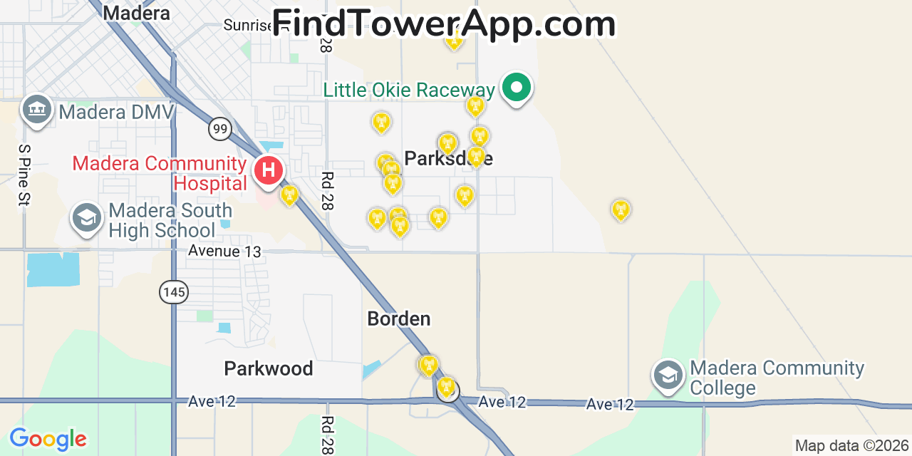 Map showing the 20 primary cell tower locations detected in Parksdale, California from AT&T, Verizon, and T-Mobile networks