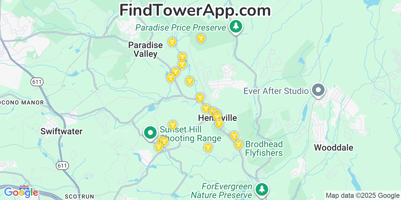 Map showing the 20 primary cell tower locations detected in Parkside, Pennsylvania from AT&T, Verizon, and T-Mobile networks