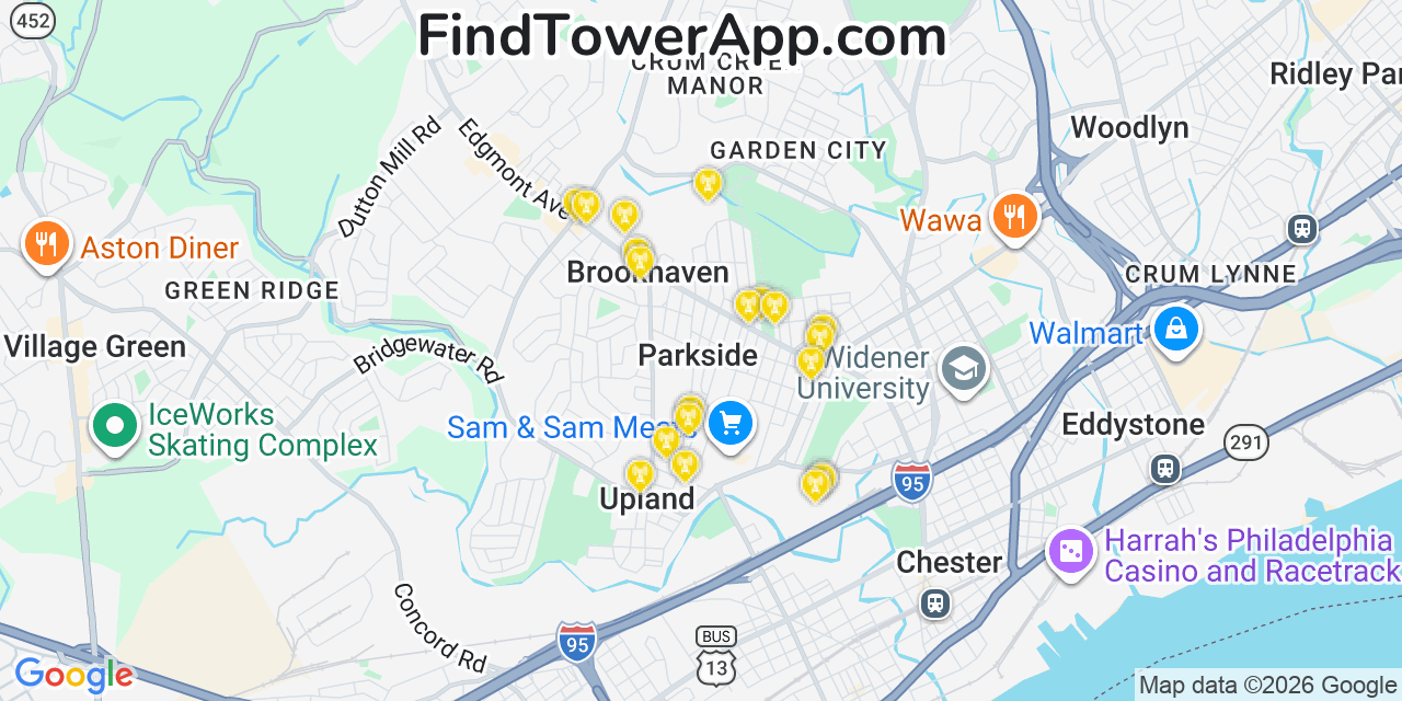 Map showing the 20 primary cell tower locations detected in Parkside, Pennsylvania from AT&T, Verizon, and T-Mobile networks