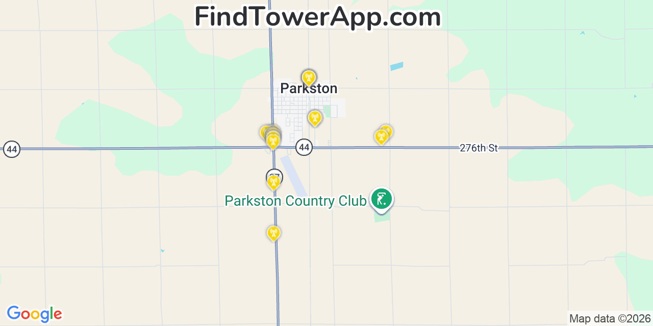 Map showing the 20 primary cell tower locations detected in Parkston, South Dakota from AT&T, Verizon, and T-Mobile networks