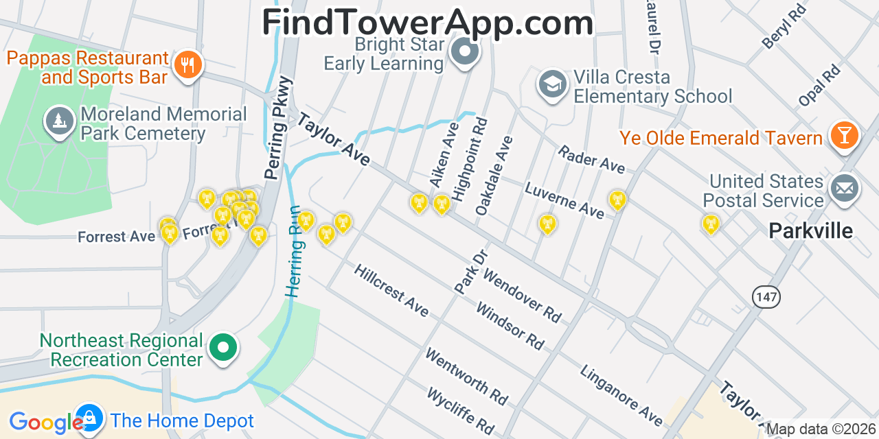 Map showing the 20 primary cell tower locations detected in Parkville, Maryland from AT&T, Verizon, and T-Mobile networks