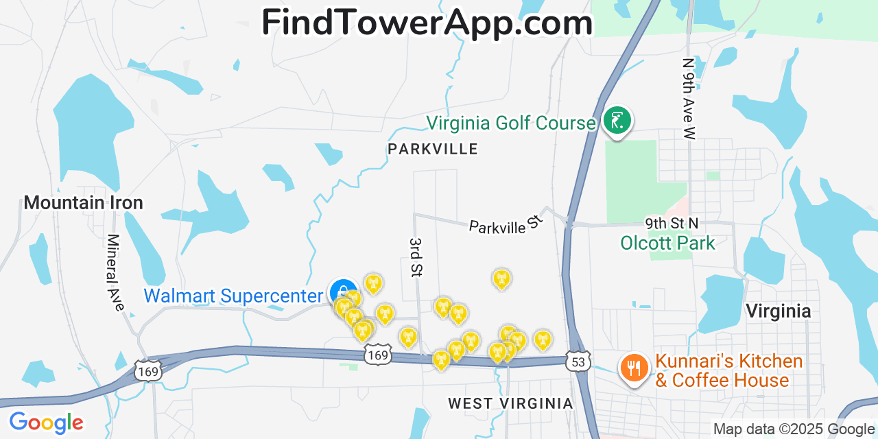 Map showing the 20 primary cell tower locations detected in Parkville, Minnesota from AT&T, Verizon, and T-Mobile networks