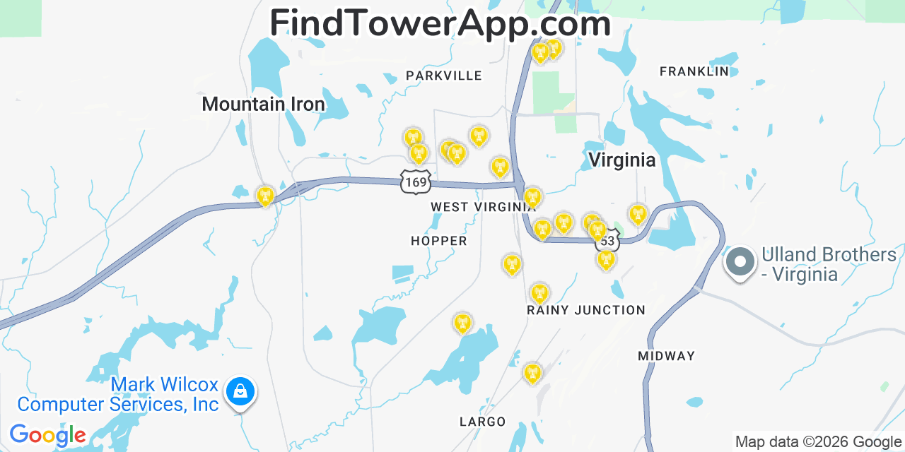 Map showing the 20 primary cell tower locations detected in Parkville, Minnesota from AT&T, Verizon, and T-Mobile networks