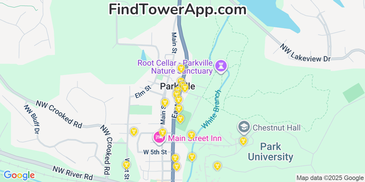 Map showing the 20 primary cell tower locations detected in Parkville, Missouri from AT&T, Verizon, and T-Mobile networks