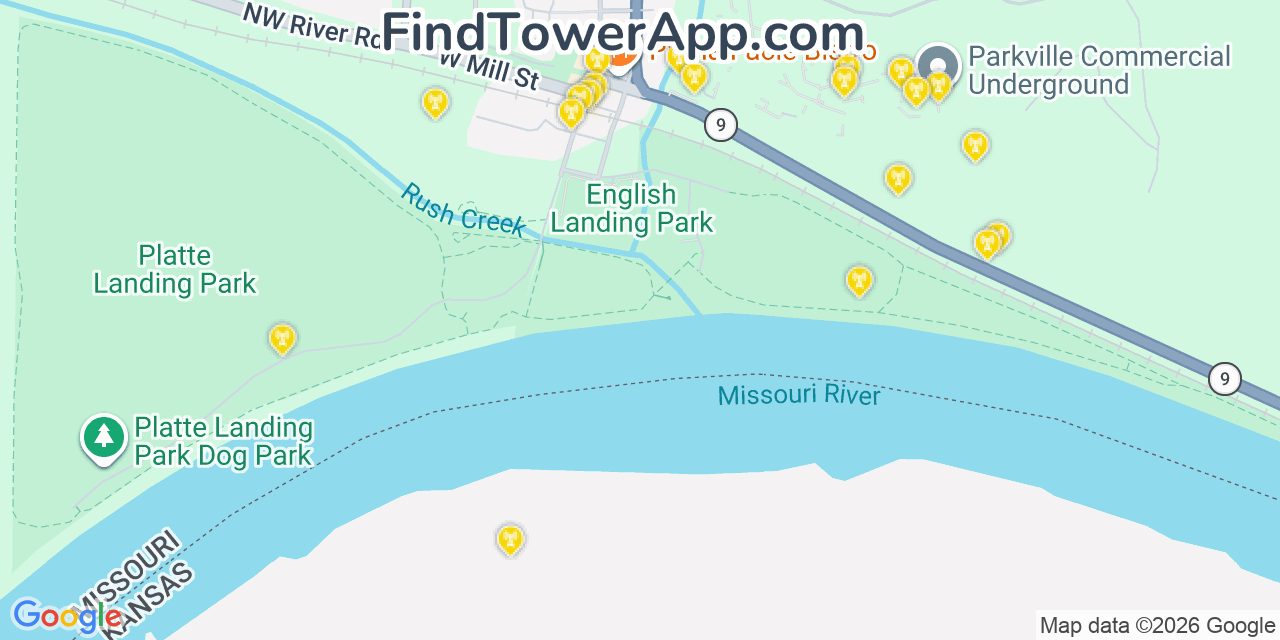 Map showing the 20 primary cell tower locations detected in Parkville, Missouri from AT&T, Verizon, and T-Mobile networks