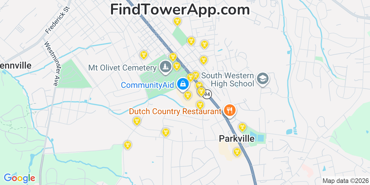 Map showing the 20 primary cell tower locations detected in Parkville, Pennsylvania from AT&T, Verizon, and T-Mobile networks