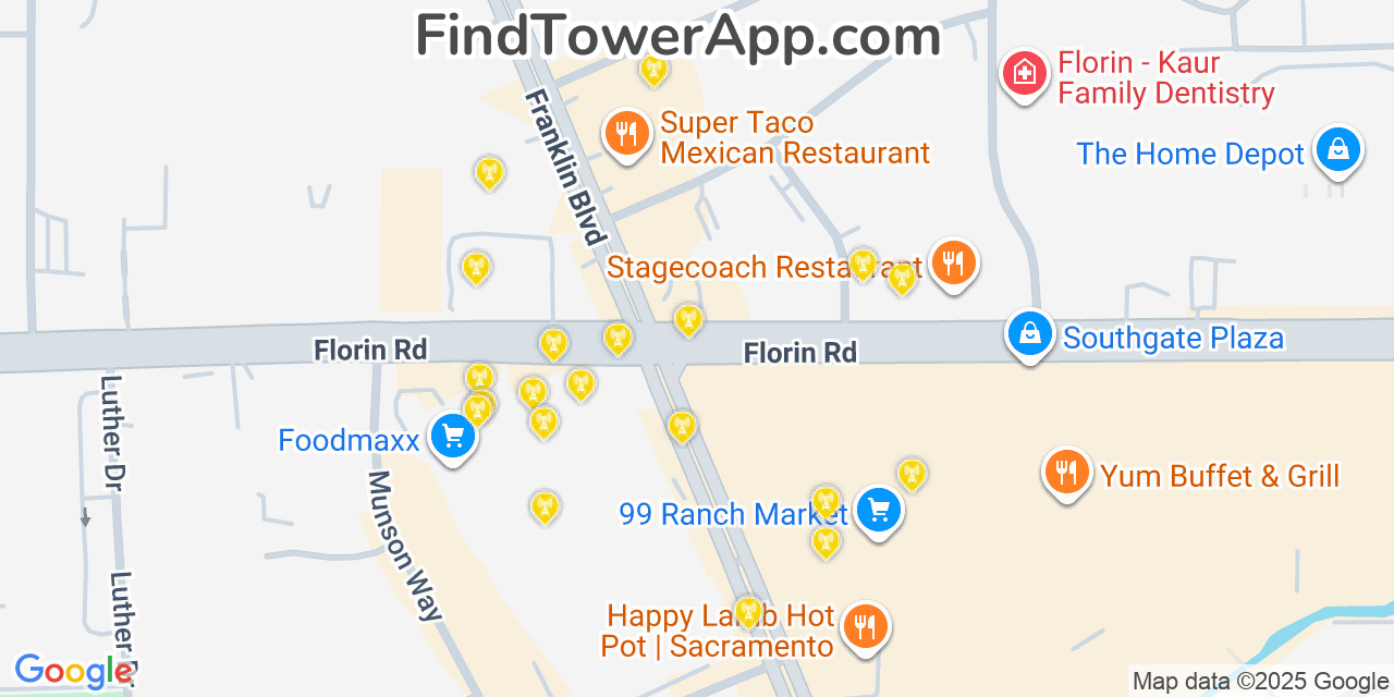 Map showing the 20 primary cell tower locations detected in Parkway, California from AT&T, Verizon, and T-Mobile networks