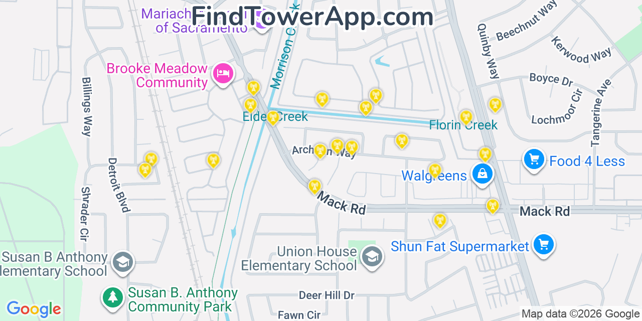 Map showing the 20 primary cell tower locations detected in Parkway, California from AT&T, Verizon, and T-Mobile networks