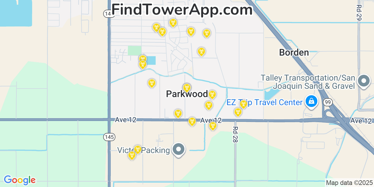 Map showing the 20 primary cell tower locations detected in Parkwood, California from AT&T, Verizon, and T-Mobile networks