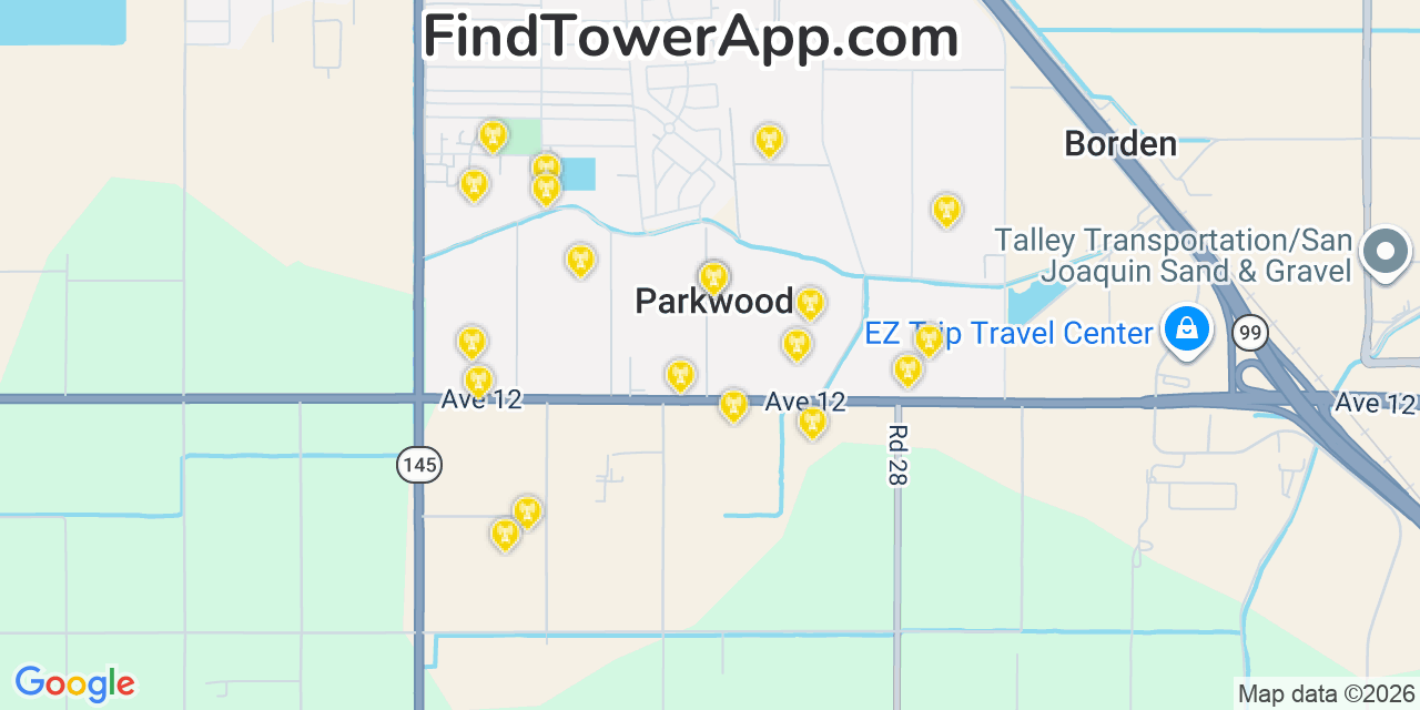 Map showing the 20 primary cell tower locations detected in Parkwood, California from AT&T, Verizon, and T-Mobile networks