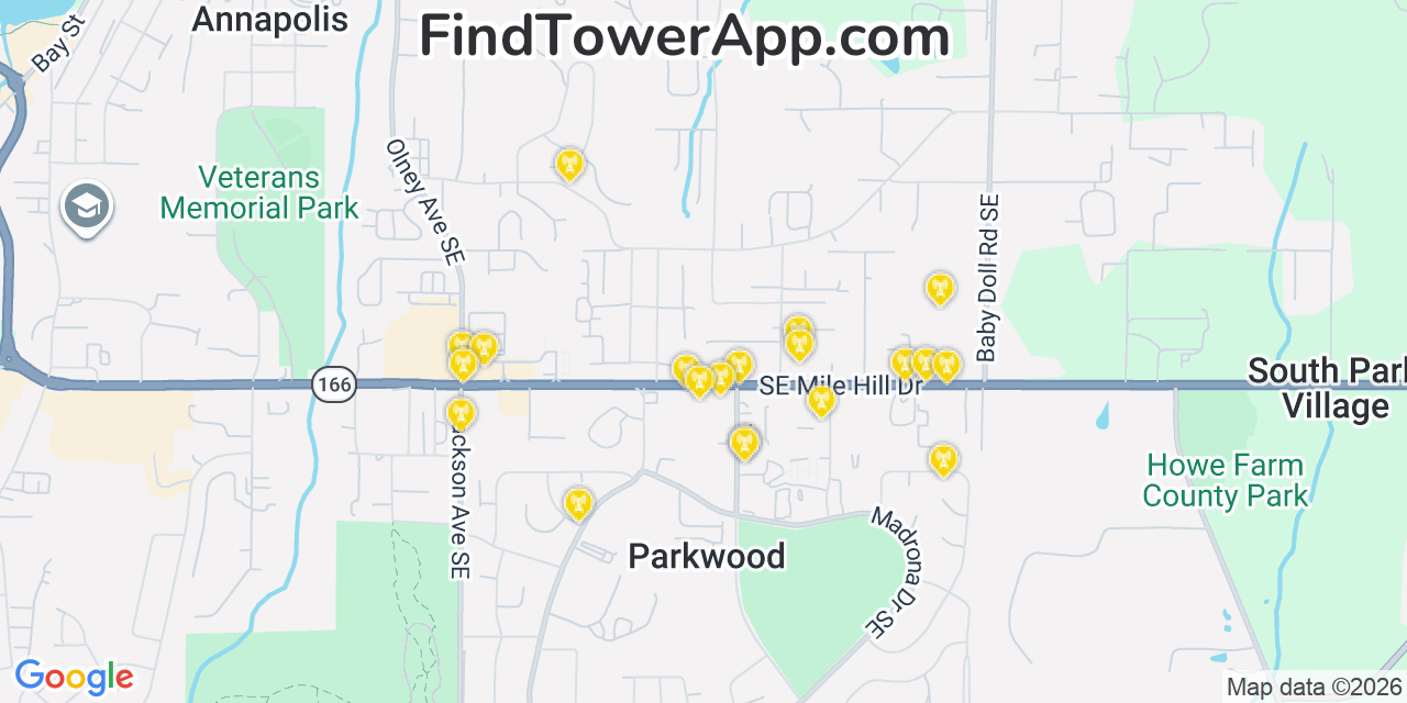 Map showing the 20 primary cell tower locations detected in Parkwood, Washington from AT&T, Verizon, and T-Mobile networks