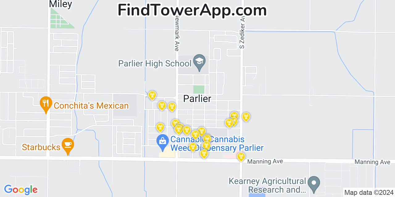 AT&T 4G/5G cell tower coverage map Parlier, California