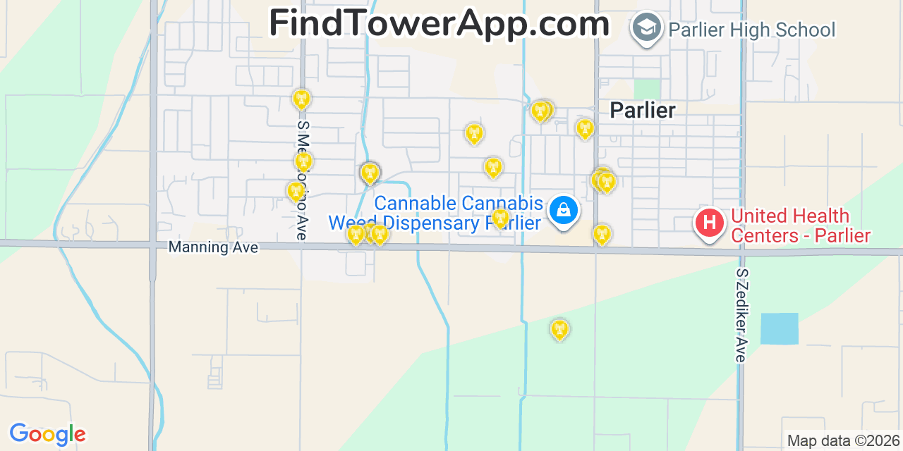 Map showing the 20 primary cell tower locations detected in Parlier, California from AT&T, Verizon, and T-Mobile networks