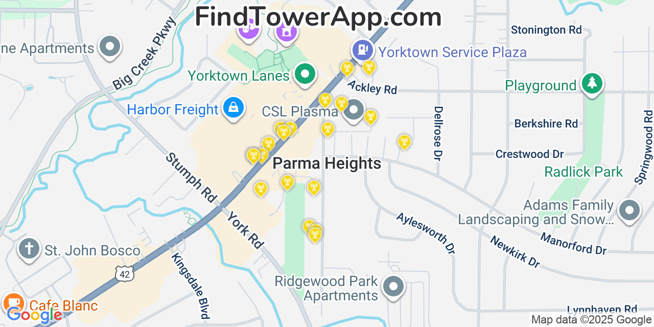Map showing the 20 primary cell tower locations detected in Parma Heights, Ohio from AT&T, Verizon, and T-Mobile networks