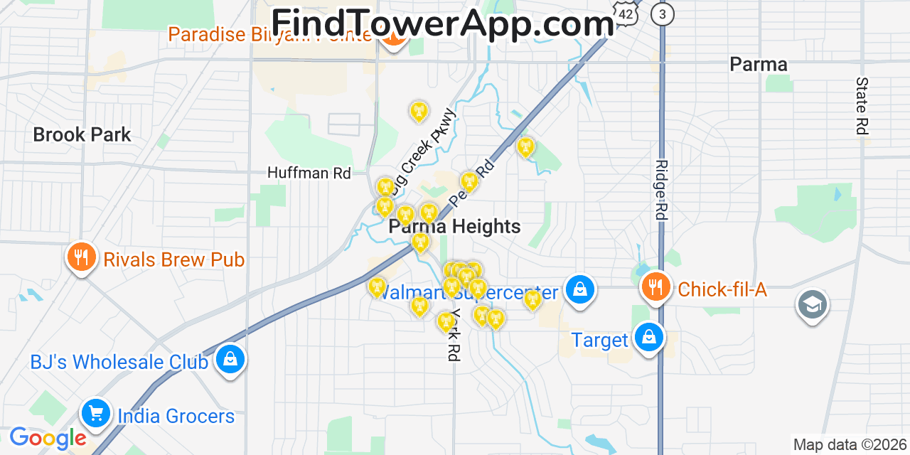 Map showing the 20 primary cell tower locations detected in Parma Heights, Ohio from AT&T, Verizon, and T-Mobile networks