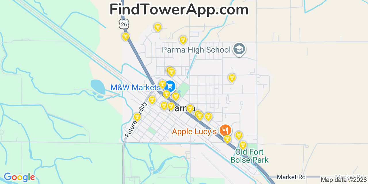 Map showing the 20 primary cell tower locations detected in Parma, Idaho from AT&T, Verizon, and T-Mobile networks
