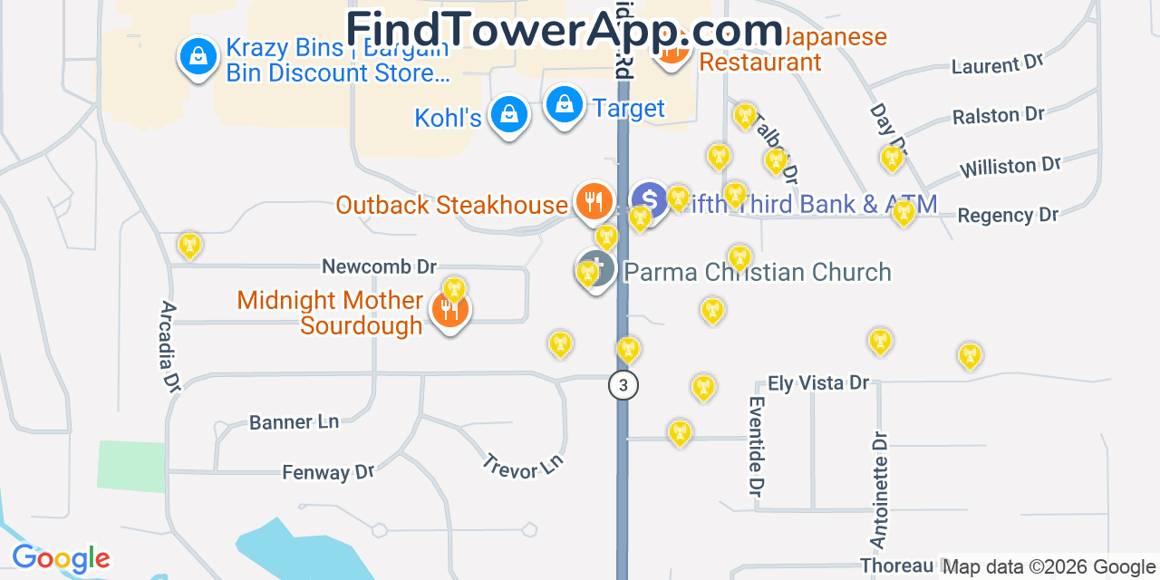 Map showing the 20 primary cell tower locations detected in Parma, Ohio from AT&T, Verizon, and T-Mobile networks