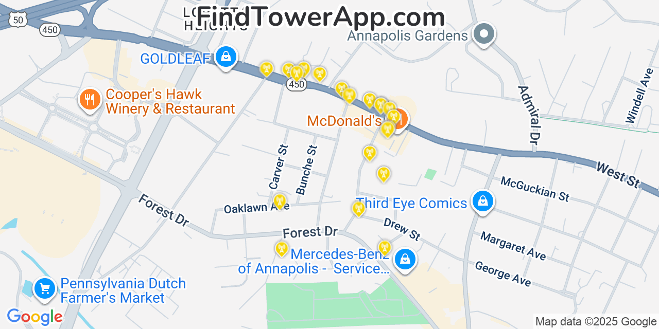 Map showing the 20 primary cell tower locations detected in Parole, Maryland from AT&T, Verizon, and T-Mobile networks