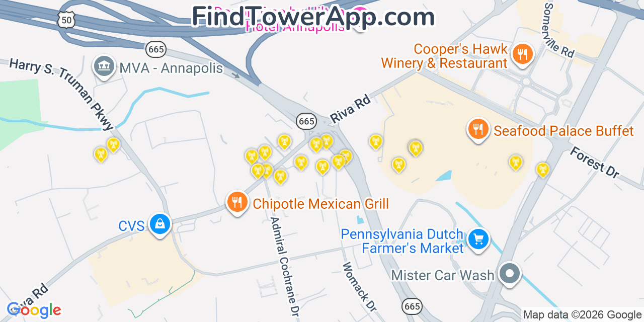 Map showing the 20 primary cell tower locations detected in Parole, Maryland from AT&T, Verizon, and T-Mobile networks