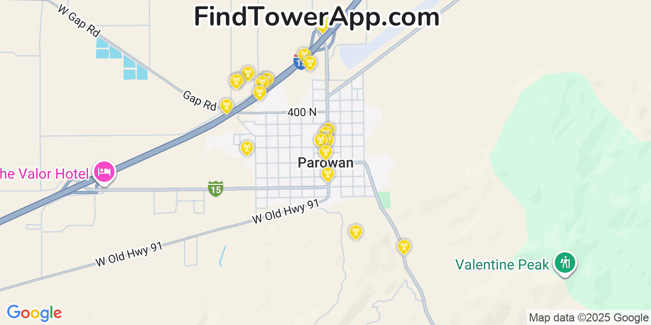 Map showing the 20 primary cell tower locations detected in Parowan, Utah from AT&T, Verizon, and T-Mobile networks