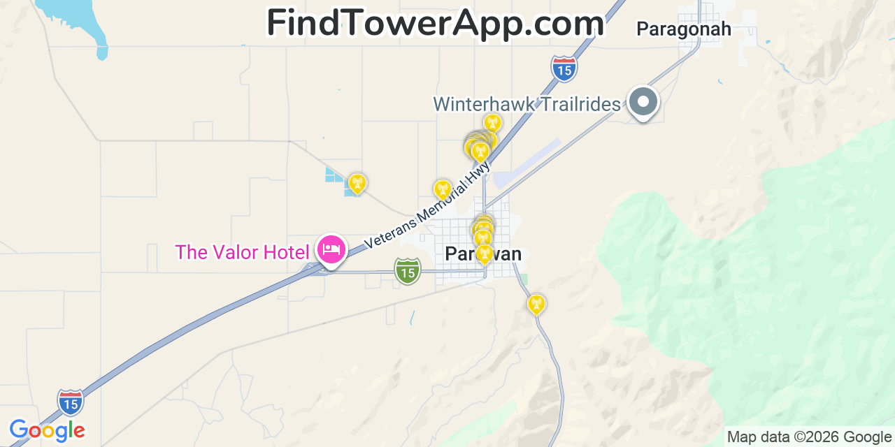 Map showing the 20 primary cell tower locations detected in Parowan, Utah from AT&T, Verizon, and T-Mobile networks