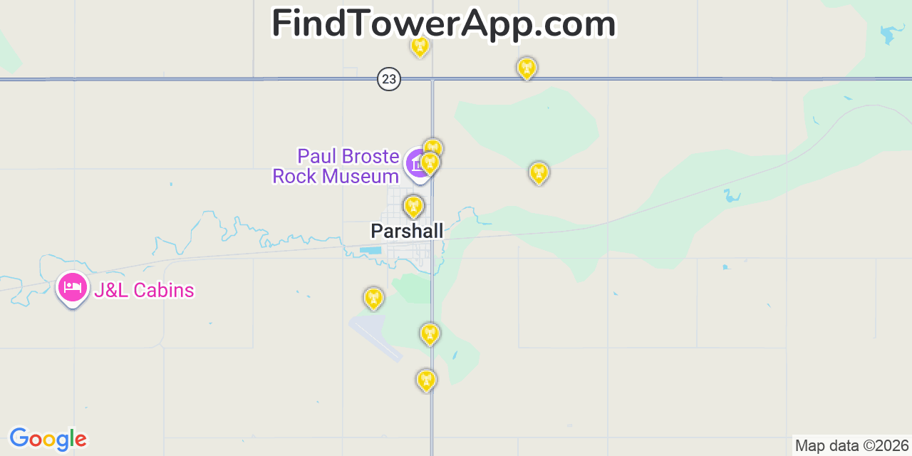 Map showing the 20 primary cell tower locations detected in Parshall, North Dakota from AT&T, Verizon, and T-Mobile networks