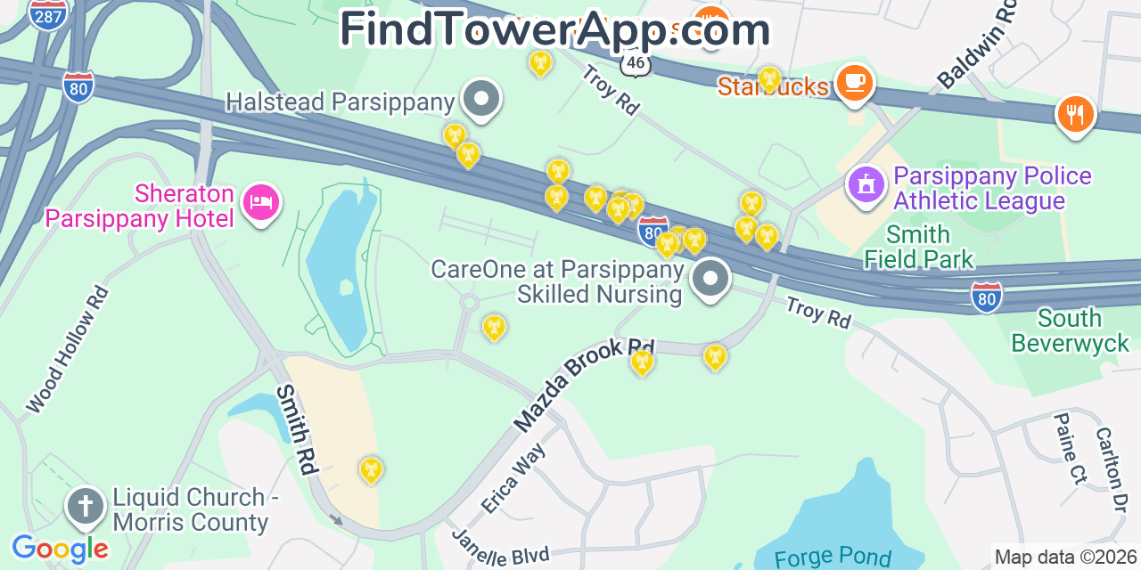 Map showing the 20 primary cell tower locations detected in Parsippany, New Jersey from AT&T, Verizon, and T-Mobile networks