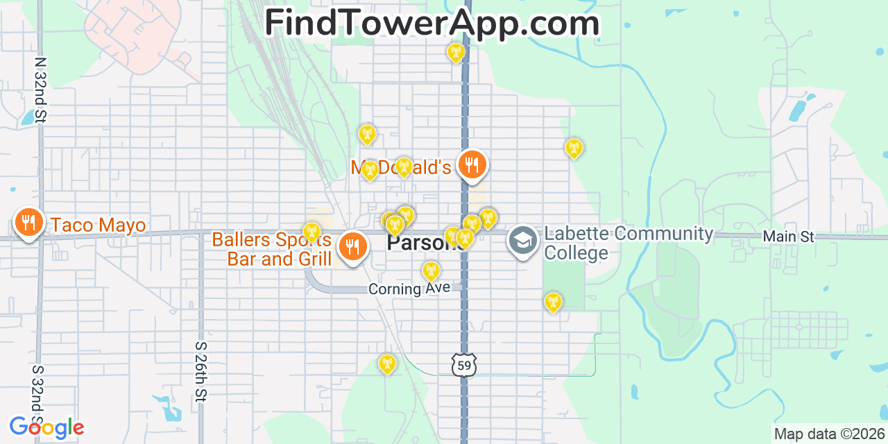 Map showing the 20 primary cell tower locations detected in Parsons, Kansas from AT&T, Verizon, and T-Mobile networks