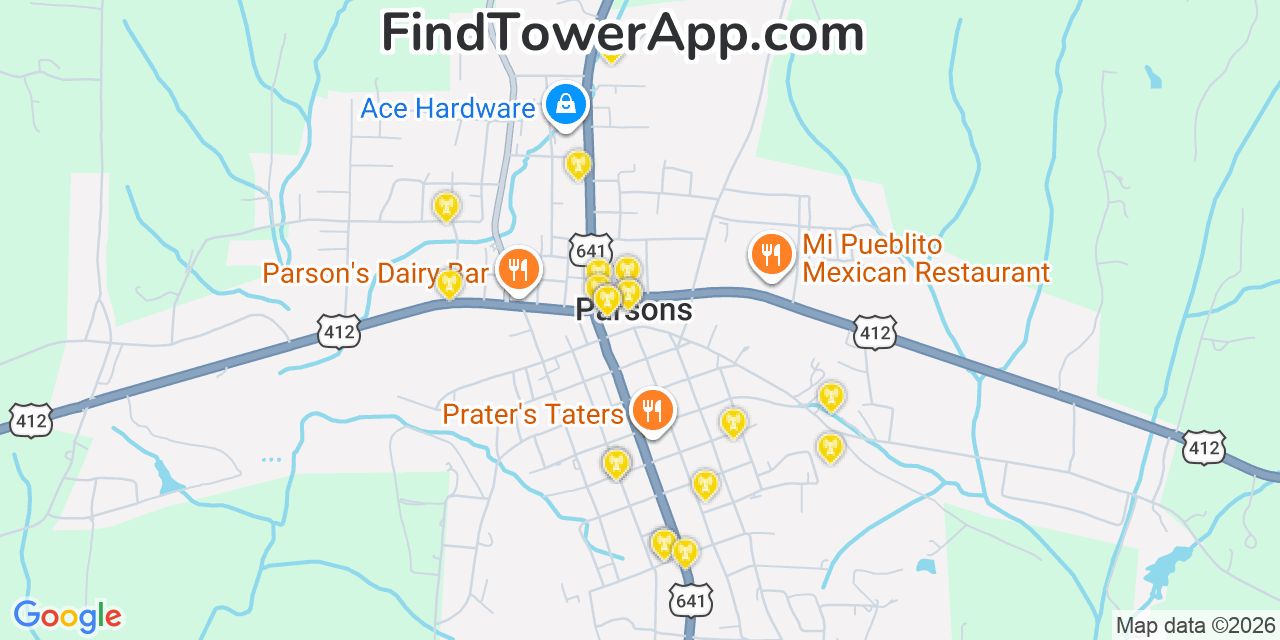 Map showing the 20 primary cell tower locations detected in Parsons, Tennessee from AT&T, Verizon, and T-Mobile networks