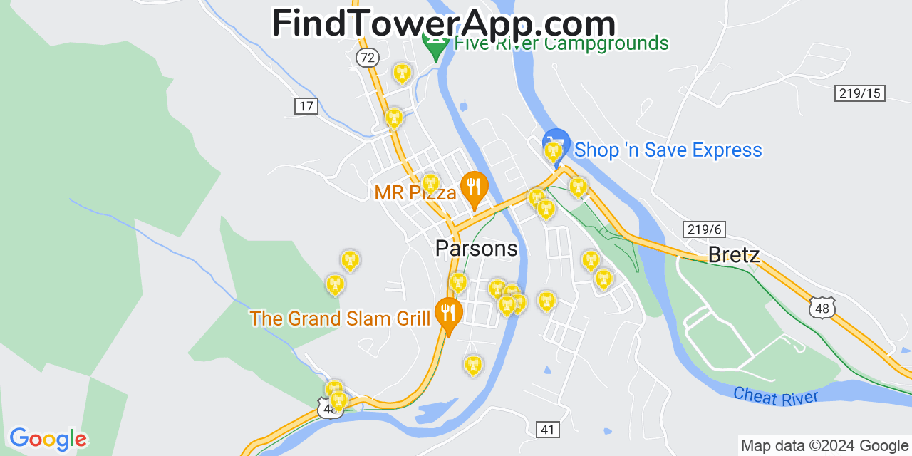 AT&T 4G/5G cell tower coverage map Parsons, West Virginia