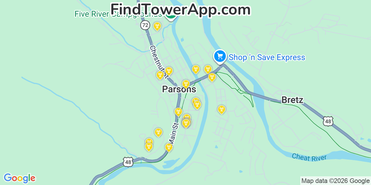 Map showing the 20 primary cell tower locations detected in Parsons, West Virginia from AT&T, Verizon, and T-Mobile networks