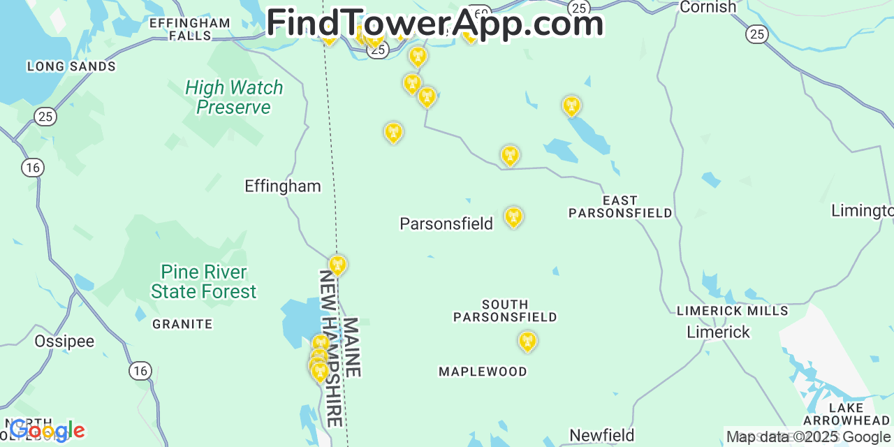 Map showing the 20 primary cell tower locations detected in Parsonsfield, Maine from AT&T, Verizon, and T-Mobile networks