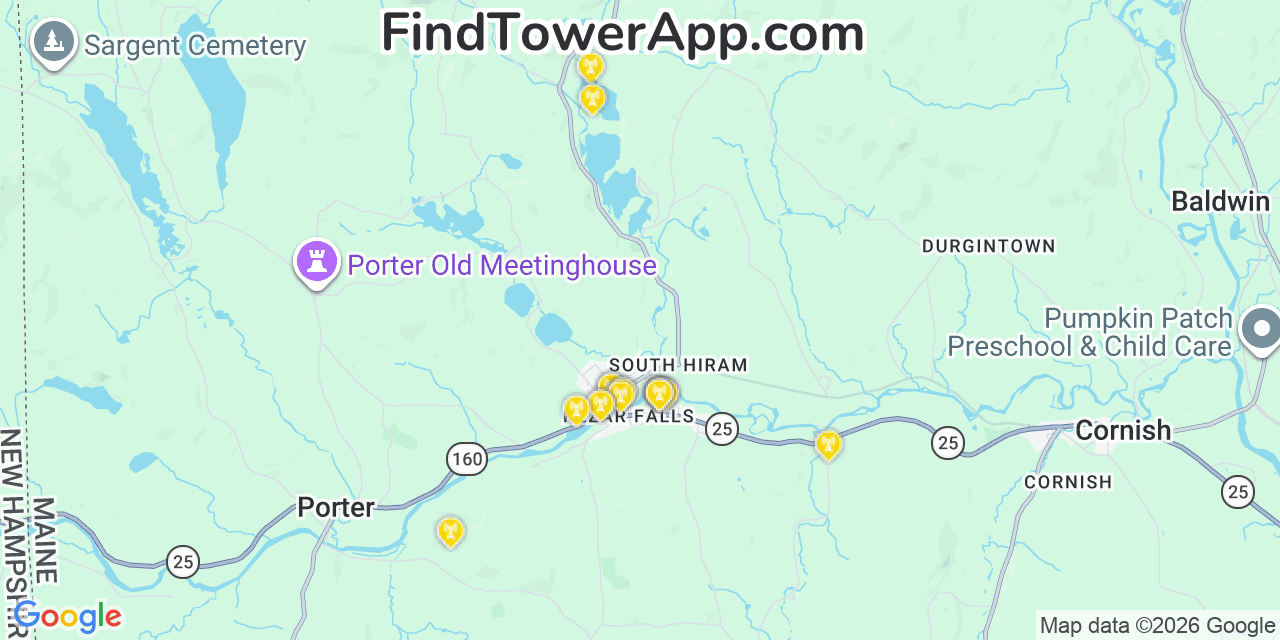 Map showing the 20 primary cell tower locations detected in Parsonsfield, Maine from AT&T, Verizon, and T-Mobile networks