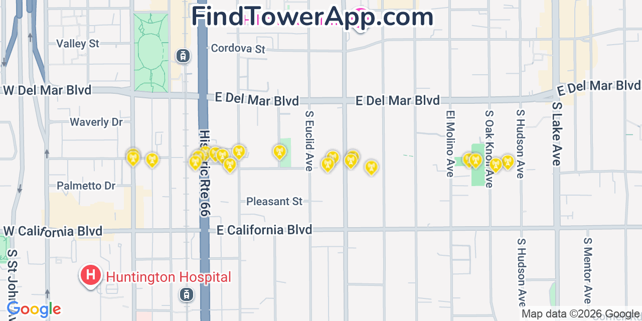 Map showing the 20 primary cell tower locations detected in Pasadena, California from AT&T, Verizon, and T-Mobile networks