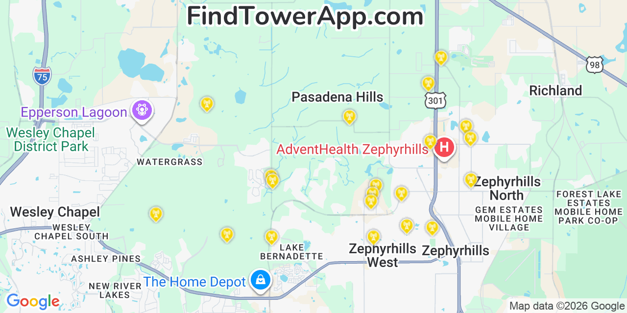 Map showing the 20 primary cell tower locations detected in Pasadena Hills, Florida from AT&T, Verizon, and T-Mobile networks