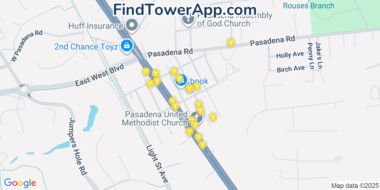 Map showing the 20 primary cell tower locations detected in Pasadena, Maryland from AT&T, Verizon, and T-Mobile networks